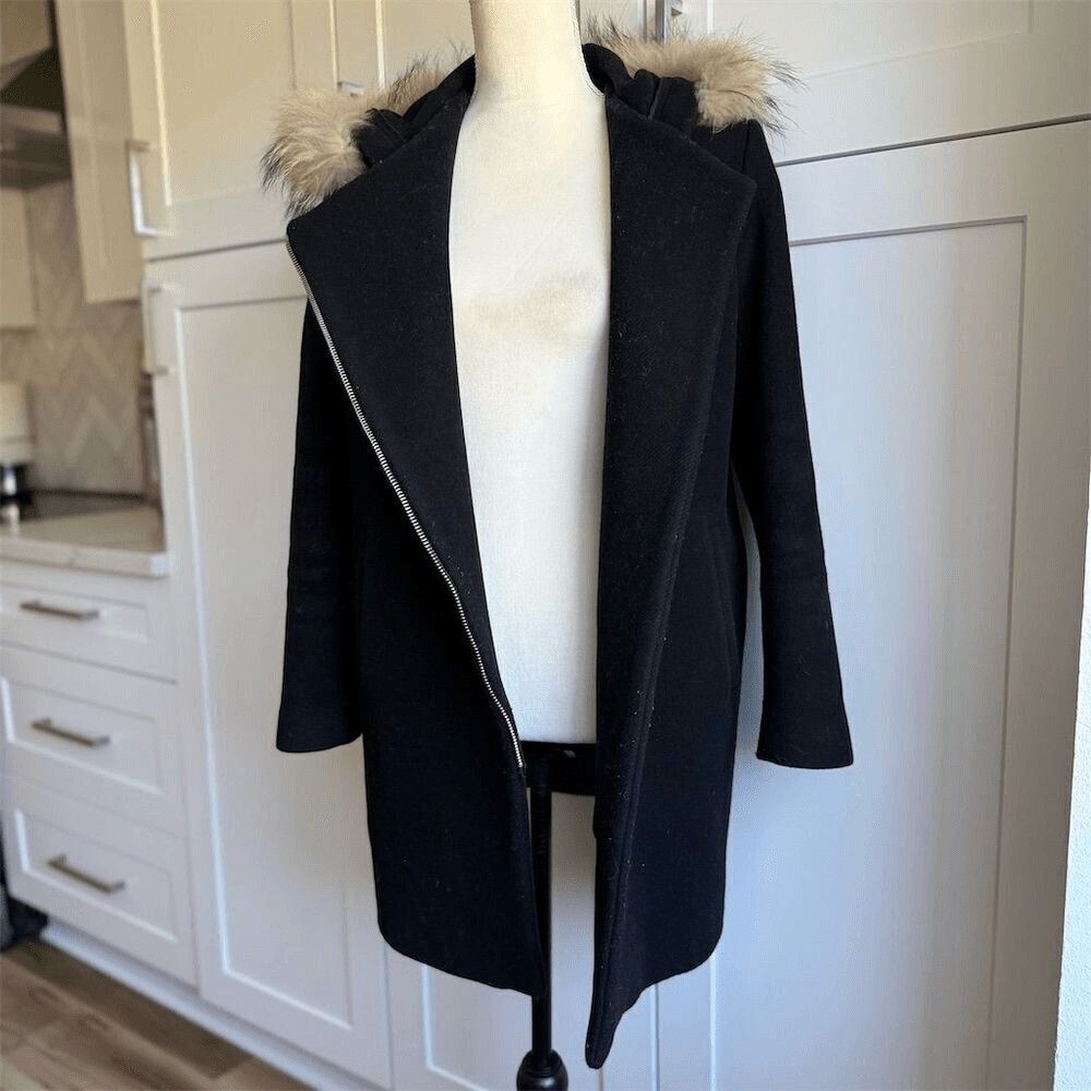 Sandro Paris Women's Black Wool Overcoat Size 40 / 8/M Fur-Trimmed Hood - Picture 2 of 9